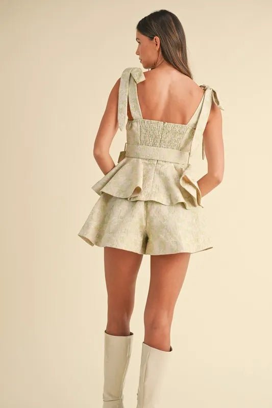 MABLE Jacquard Floral Peplum Top and Flare Shorts Set - Love Salve