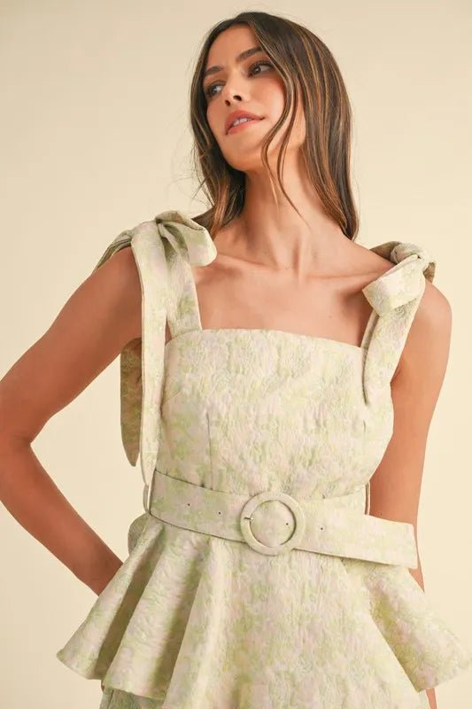 MABLE Jacquard Floral Peplum Top and Flare Shorts Set - Love Salve