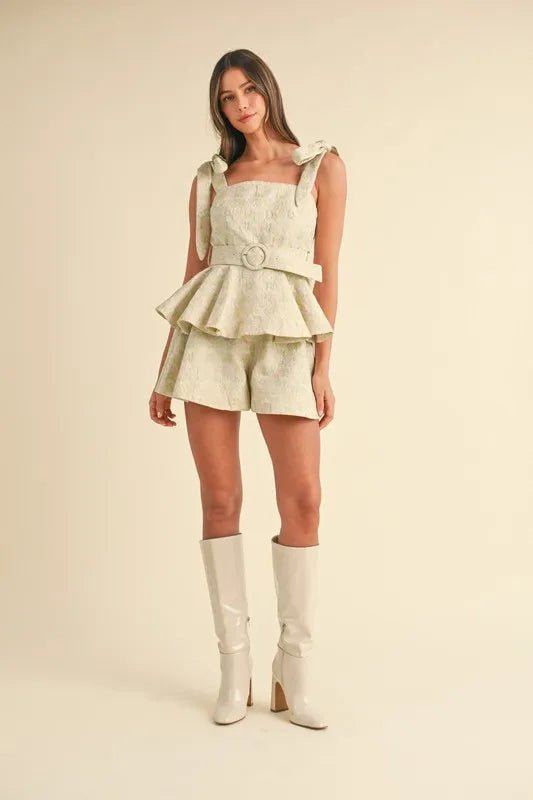 MABLE Jacquard Floral Peplum Top and Flare Shorts Set - Love Salve