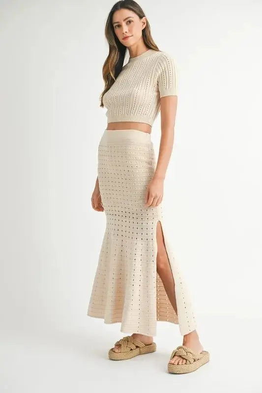 MABLE Pointelle Short Sleeve Crop Top and Slit Skirt Sweater Set - Love Salve