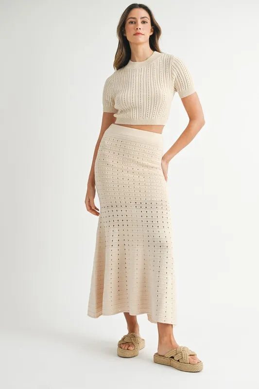 MABLE Pointelle Short Sleeve Crop Top and Slit Skirt Sweater Set - Love Salve