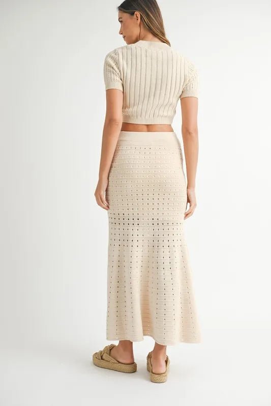 MABLE Pointelle Short Sleeve Crop Top and Slit Skirt Sweater Set - Love Salve