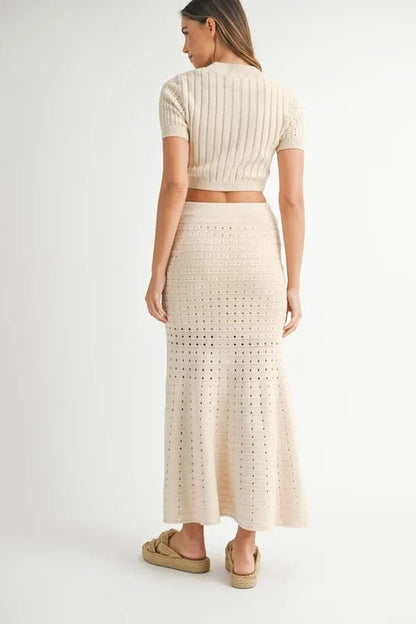 MABLE Pointelle Short Sleeve Crop Top and Slit Skirt Sweater Set - Love Salve