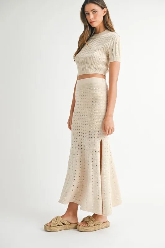 MABLE Pointelle Short Sleeve Crop Top and Slit Skirt Sweater Set - Love Salve