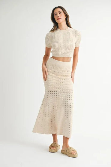 MABLE Pointelle Short Sleeve Crop Top and Slit Skirt Sweater Set - Love Salve