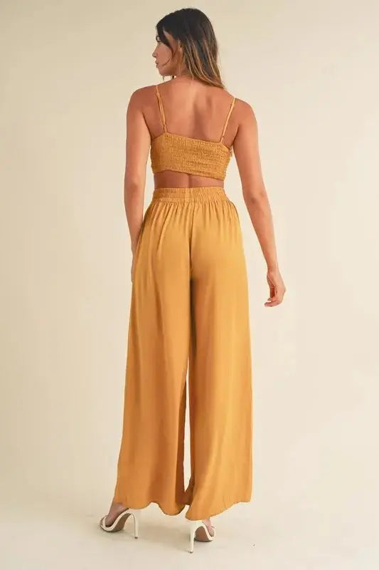 MABLE Smocked Bralette Crop Top and Wide Leg Pants Set - Love Salve