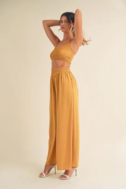 MABLE Smocked Bralette Crop Top and Wide Leg Pants Set - Love Salve