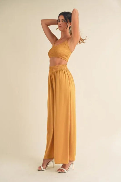 MABLE Smocked Bralette Crop Top and Wide Leg Pants Set - Love Salve