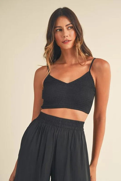 MABLE Smocked Bralette Crop Top and Wide Leg Pants Set - Love Salve