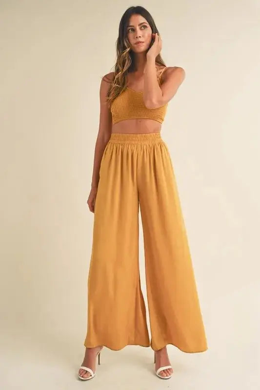 MABLE Smocked Bralette Crop Top and Wide Leg Pants Set - Love Salve