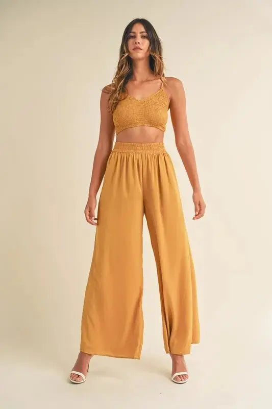 MABLE Smocked Bralette Crop Top and Wide Leg Pants Set - Love Salve