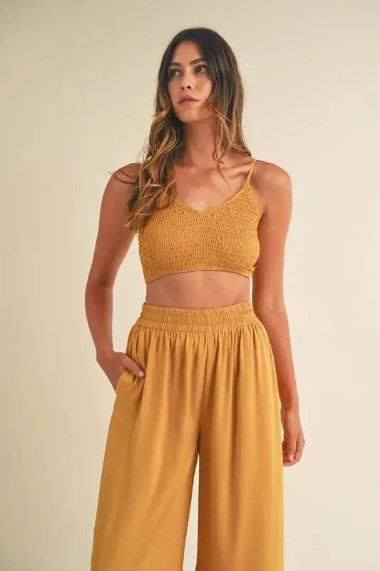 MABLE Smocked Bralette Crop Top and Wide Leg Pants Set - Love Salve