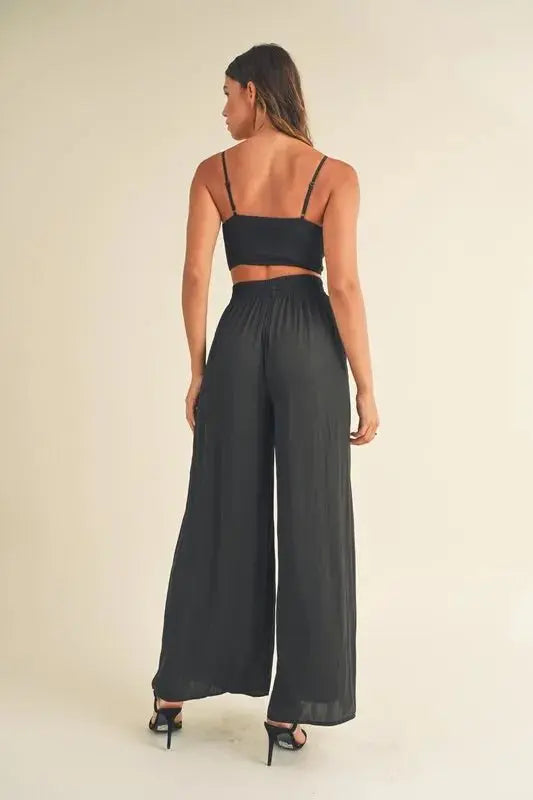 MABLE Smocked Bralette Crop Top and Wide Leg Pants Set - Love Salve