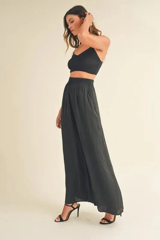 MABLE Smocked Bralette Crop Top and Wide Leg Pants Set - Love Salve