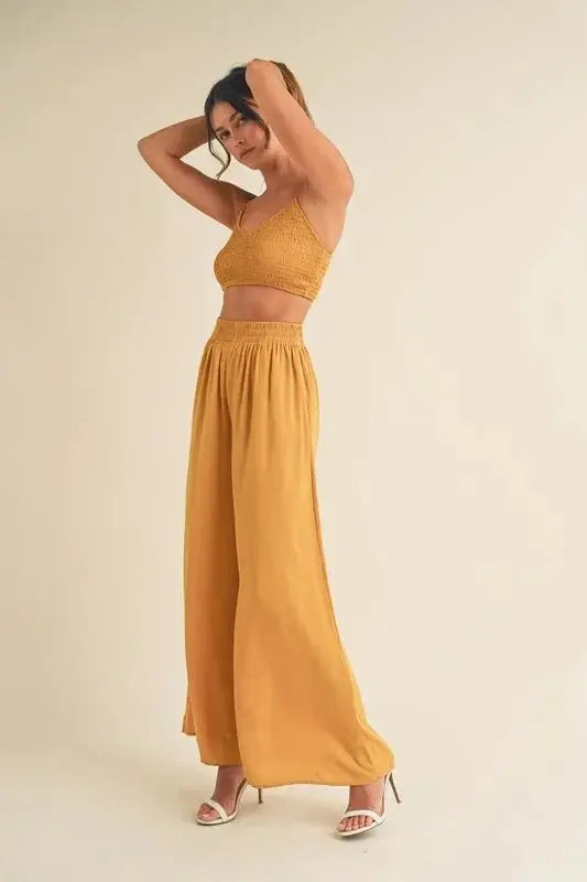 MABLE Smocked Bralette Crop Top and Wide Leg Pants Set - Love Salve