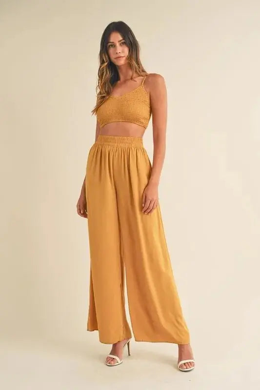 MABLE Smocked Bralette Crop Top and Wide Leg Pants Set - Love Salve