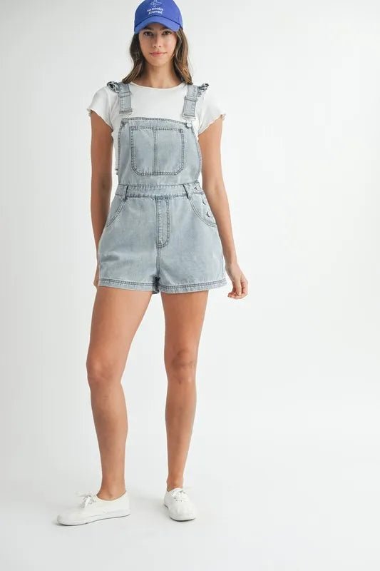 MABLE Square Neck Ruffle Shoulder Denim Overall Romper - Love Salve
