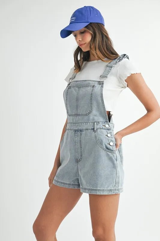 MABLE Square Neck Ruffle Shoulder Denim Overall Romper - Love Salve 