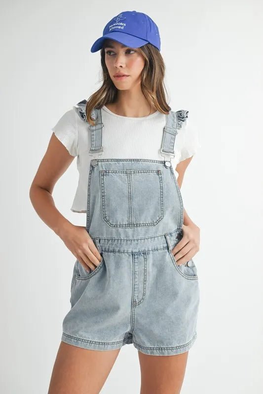 MABLE Square Neck Ruffle Shoulder Denim Overall Romper - Love Salve 