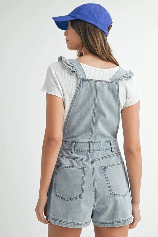 MABLE Square Neck Ruffle Shoulder Denim Overall Romper - Love Salve