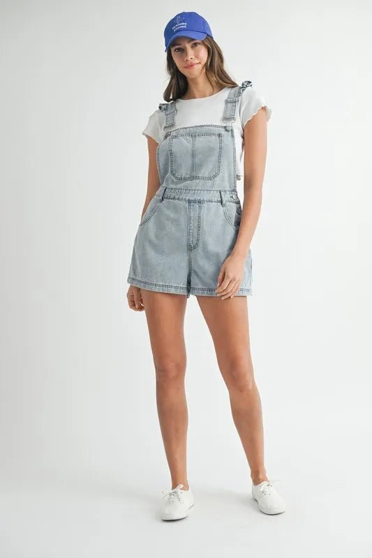 MABLE Square Neck Ruffle Shoulder Denim Overall Romper - Love Salve