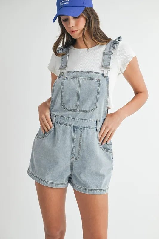 MABLE Square Neck Ruffle Shoulder Denim Overall Romper - Love Salve