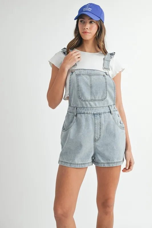 MABLE Square Neck Ruffle Shoulder Denim Overall Romper - Love Salve