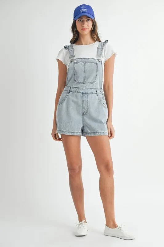 MABLE Square Neck Ruffle Shoulder Denim Overall Romper - Love Salve 