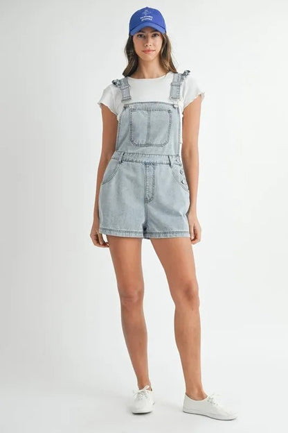 MABLE Square Neck Ruffle Shoulder Denim Overall Romper - Love Salve
