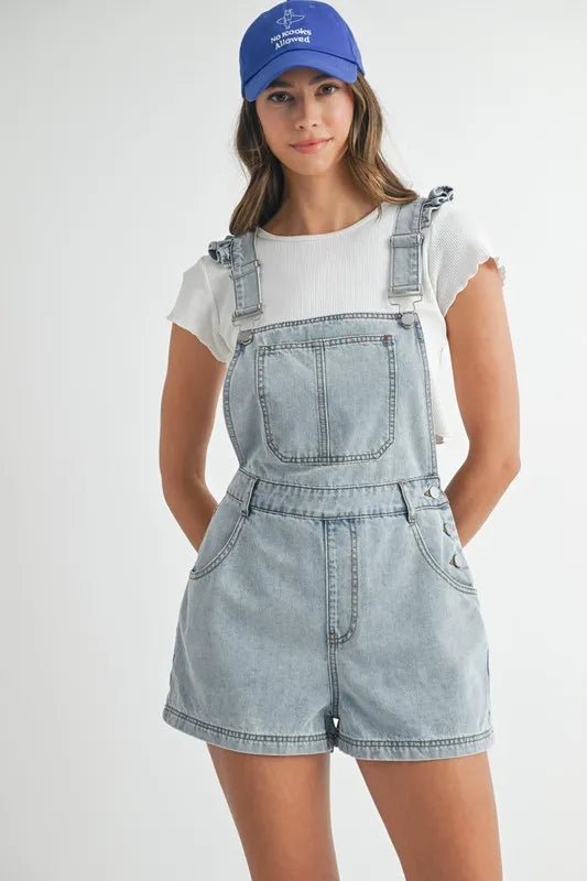 MABLE Square Neck Ruffle Shoulder Denim Overall Romper - Love Salve 