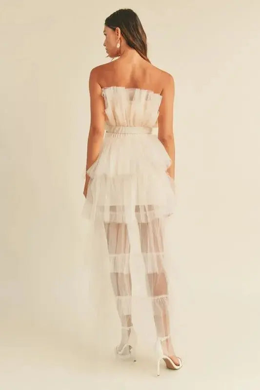 MABLE Tulle Tube Ruffle Crop Top and High Low Maxi Skirt Set - Love Salve