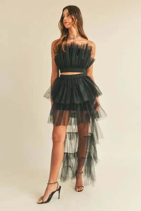 MABLE Tulle Tube Ruffle Crop Top and High Low Maxi Skirt Set - Love Salve