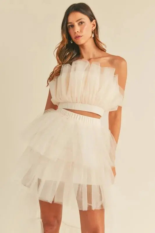 MABLE Tulle Tube Ruffle Crop Top and High Low Maxi Skirt Set - Love Salve