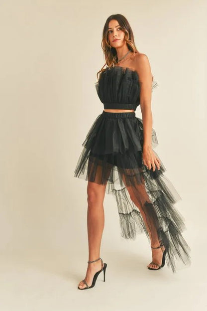 MABLE Tulle Tube Ruffle Crop Top and High Low Maxi Skirt Set - Love Salve