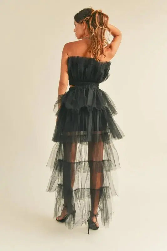 MABLE Tulle Tube Ruffle Crop Top and High Low Maxi Skirt Set - Love Salve