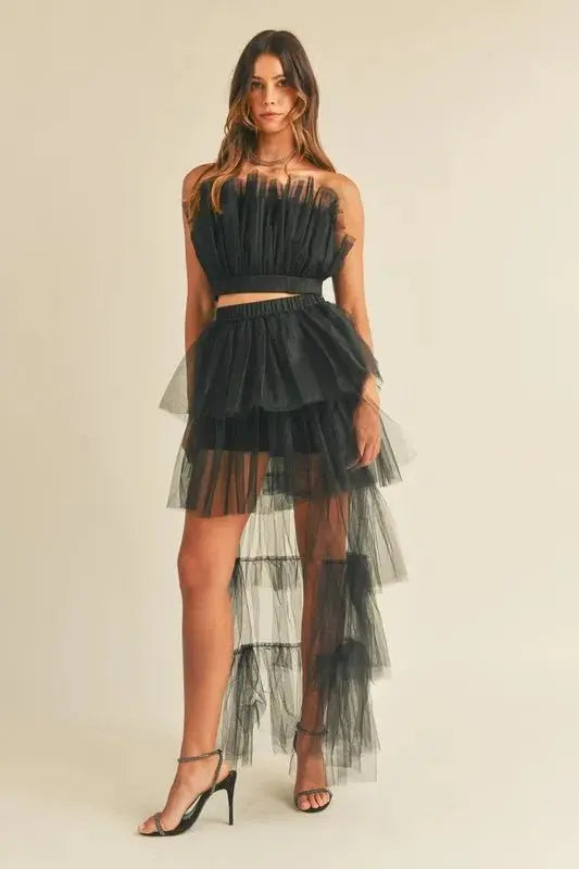 MABLE Tulle Tube Ruffle Crop Top and High Low Maxi Skirt Set - Love Salve