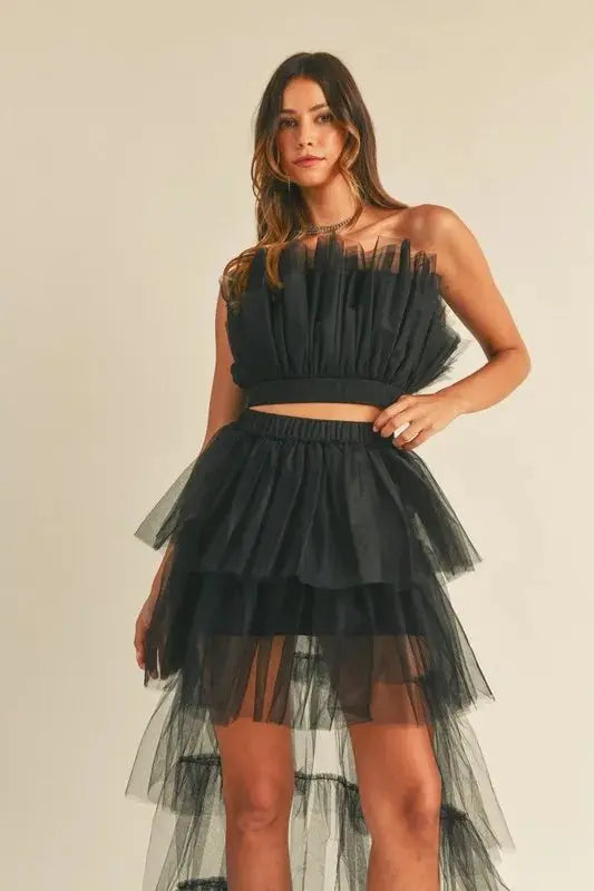 MABLE Tulle Tube Ruffle Crop Top and High Low Maxi Skirt Set - Love Salve