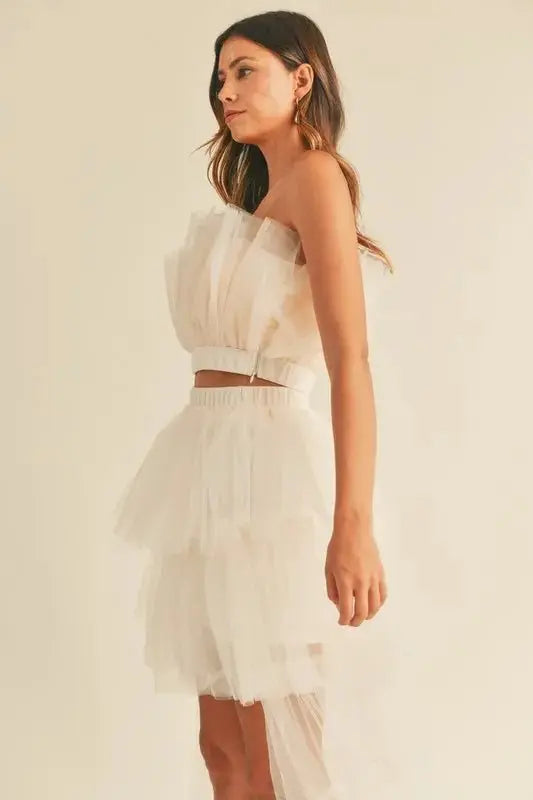MABLE Tulle Tube Ruffle Crop Top and High Low Maxi Skirt Set - Love Salve