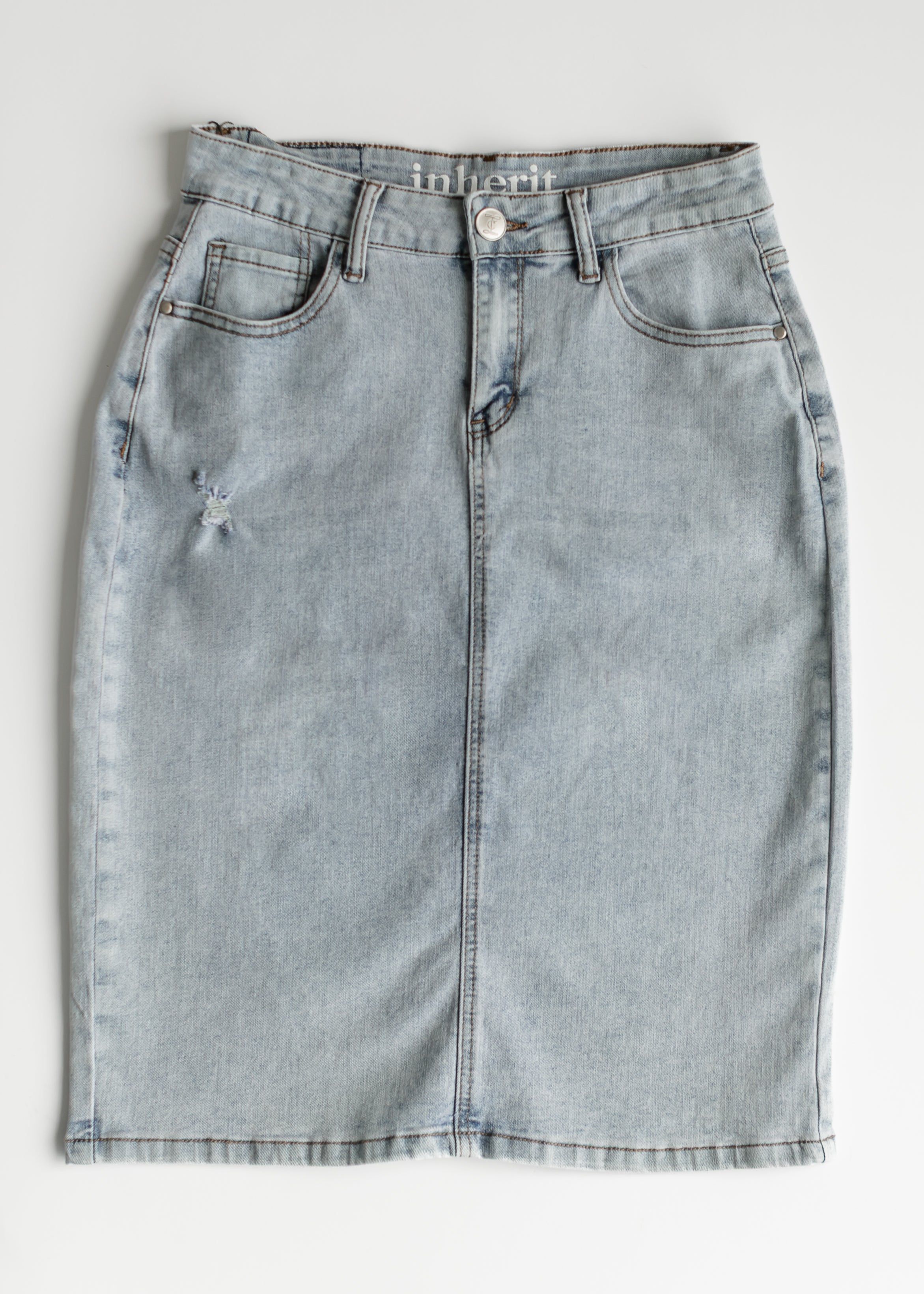 Maelia Distressed Denim Midi Skirt Inherit Co.