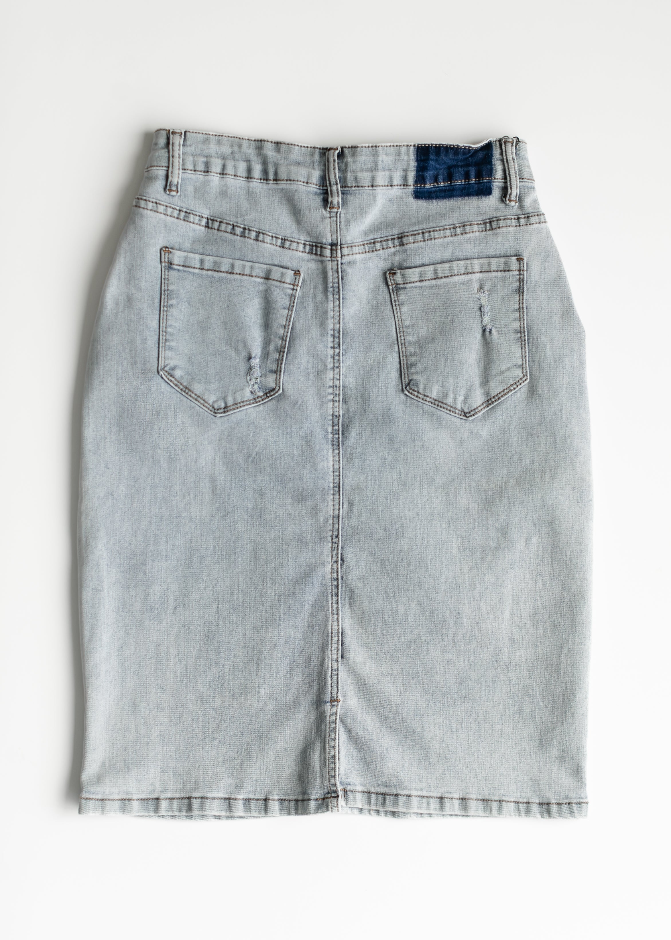 Maelia Distressed Denim Midi Skirt Inherit Co.