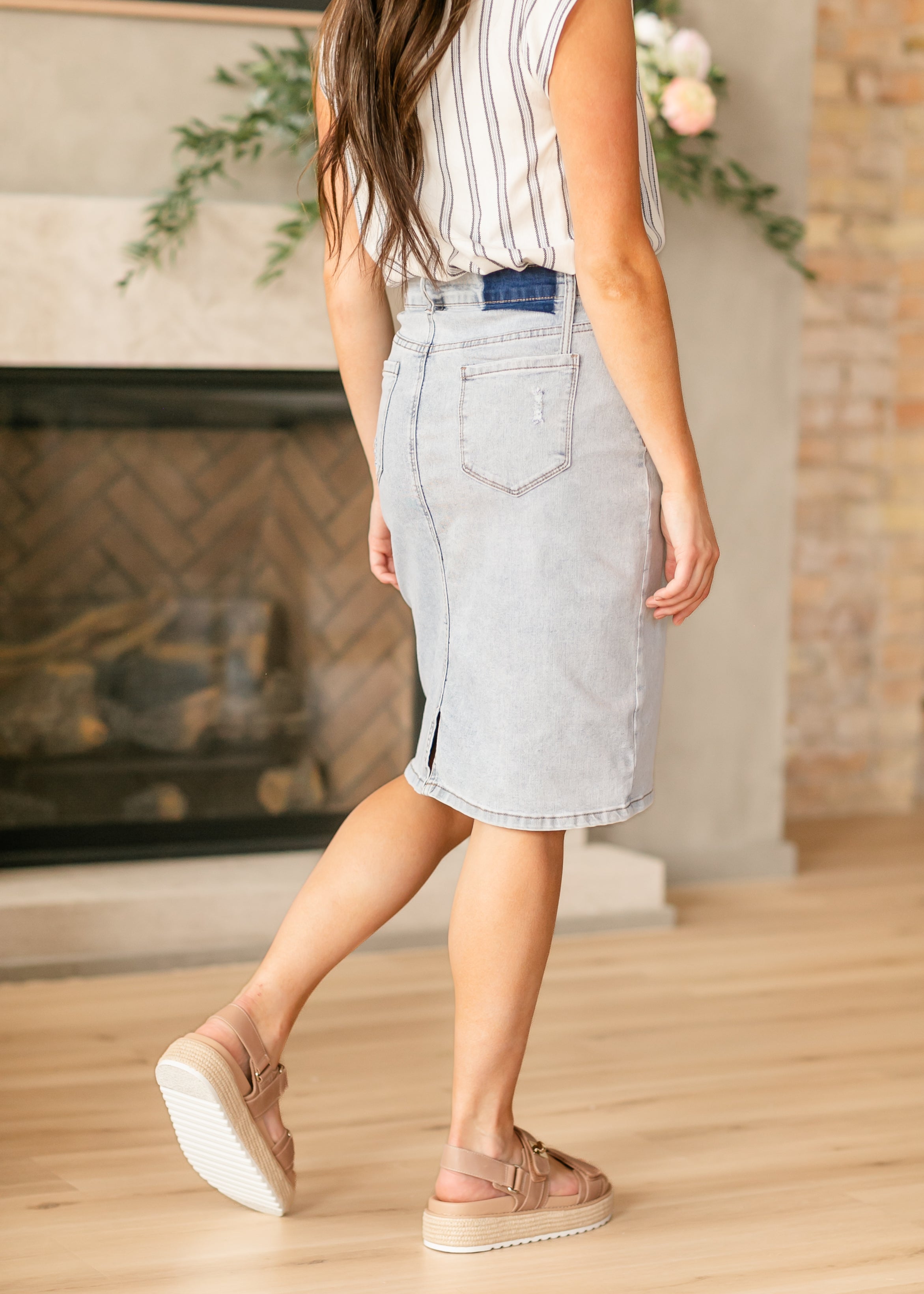 Maelia Distressed Denim Midi Skirt Inherit Co.