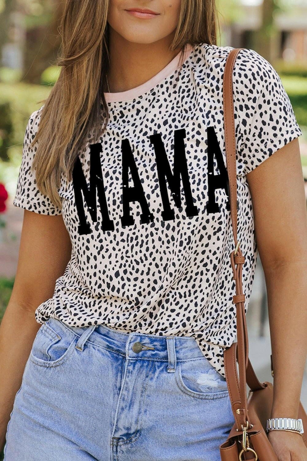 MAMA Animal Print Round Neck Short Sleeve T-Shirt - Love Salve