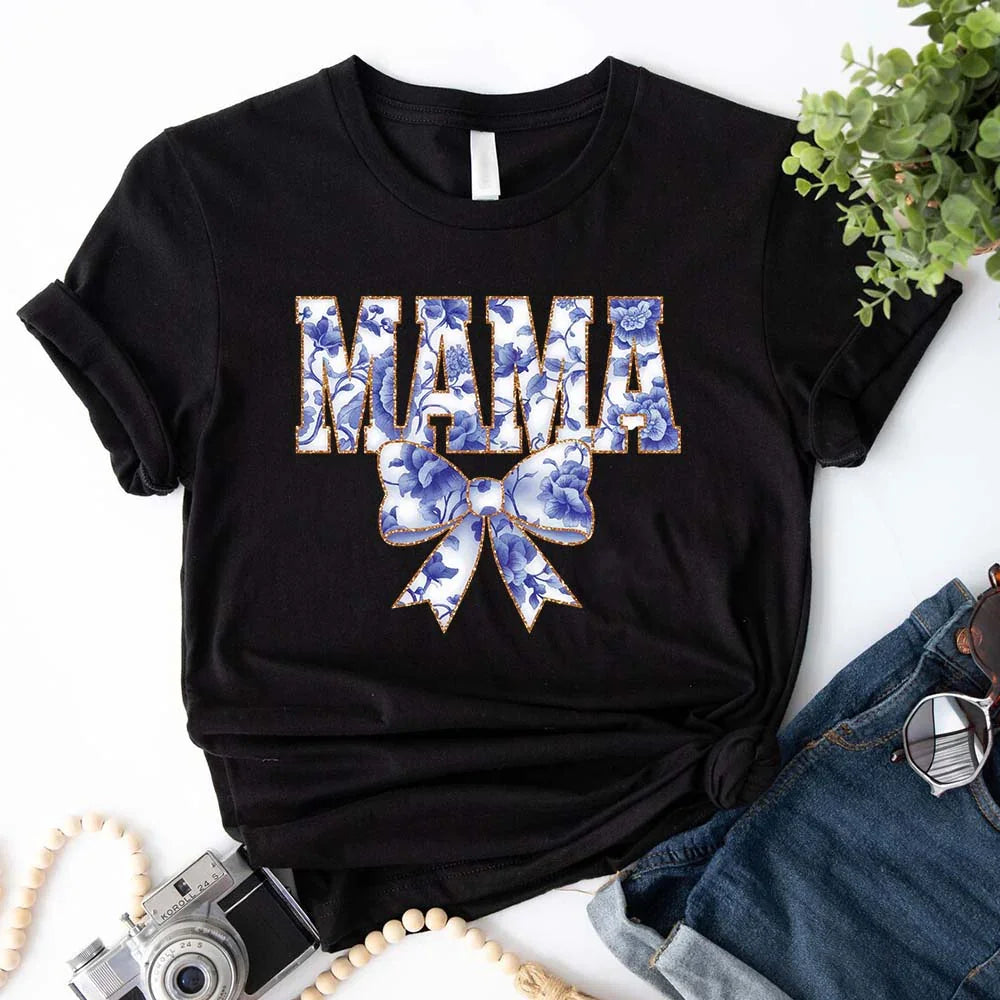 Adorb.co Coquette Mama T-shirt, featuring a detailed close-up of the elegant Chinoiserie bow graphic design.