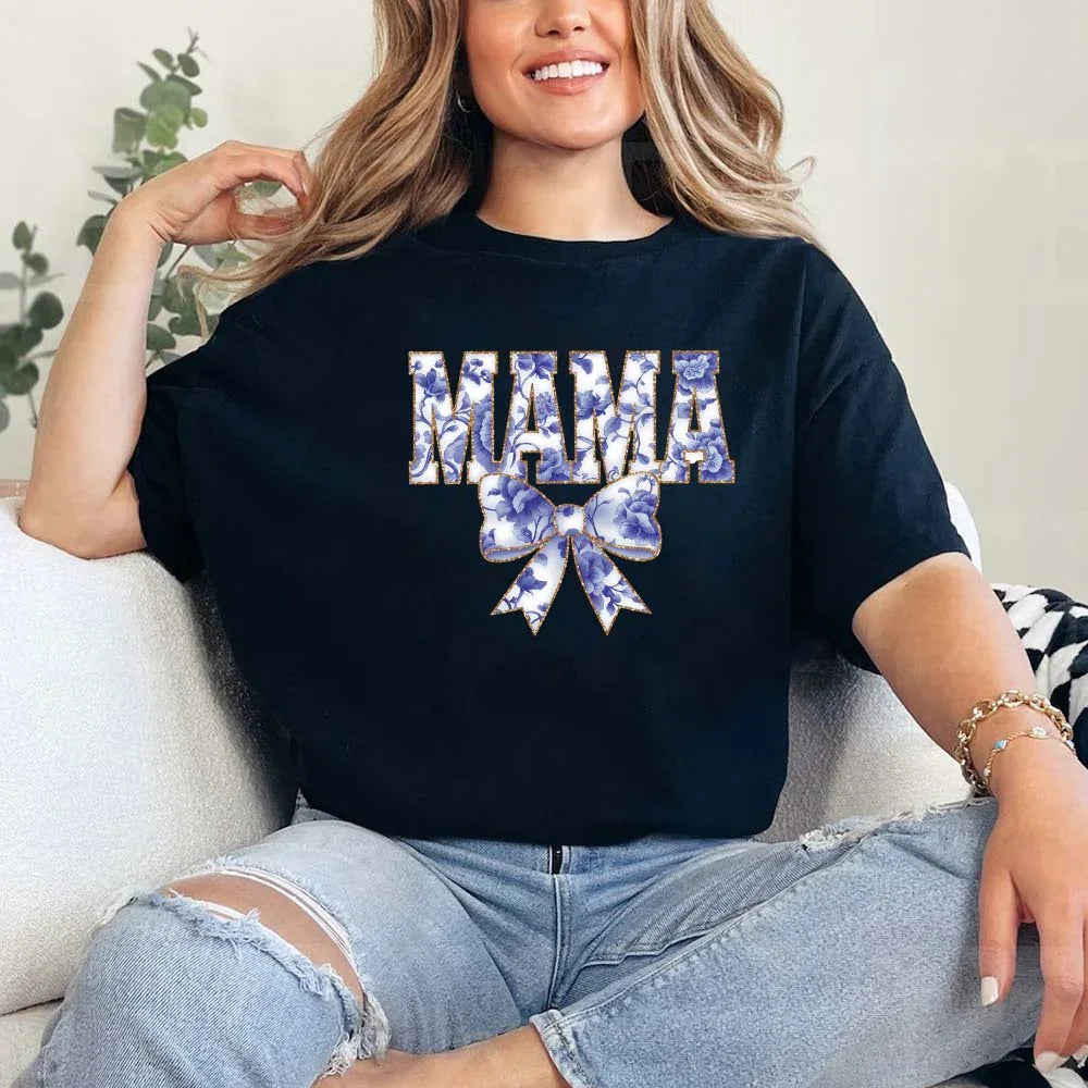 Adorb.co Mama Chinoiserie Coquette Bow T-shirt, an elegant and trendy graphic tee for moms, showcasing the full design.