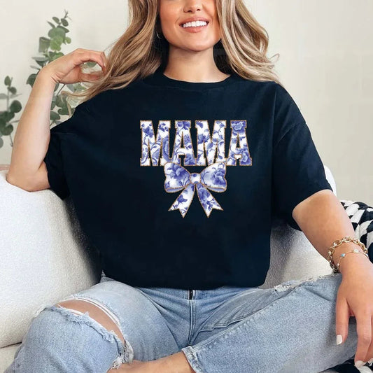 Adorb.co Mama Chinoiserie Coquette Bow T-shirt, an elegant and trendy graphic tee for moms, showcasing the full design.