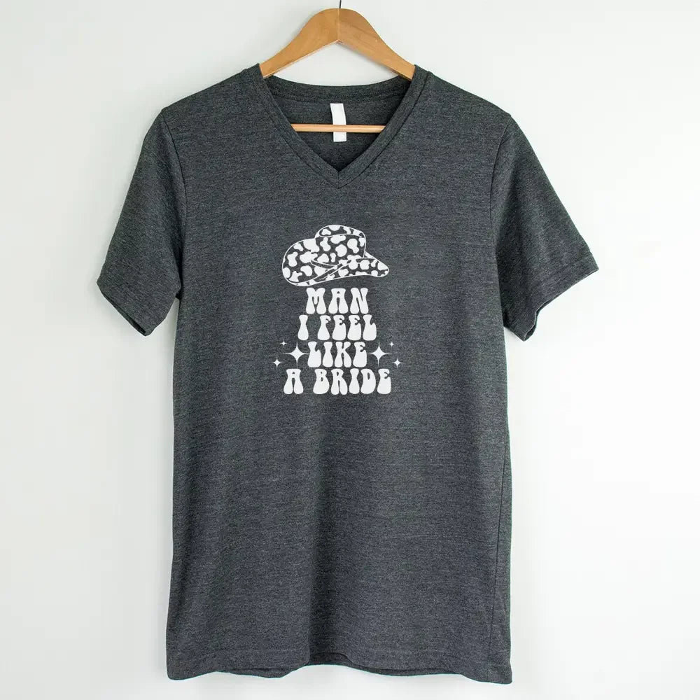 Macro view of the crisp, high-quality black script graphic on the Adorb.co 'Man I Feel Like a Bride' funny t-shirt.