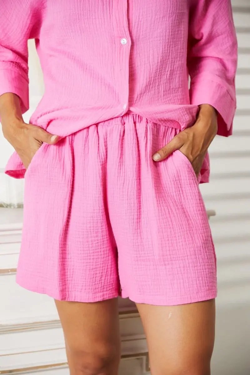 Mandy Textured Shirt and Elastic Waist Shorts Set - Love Salve