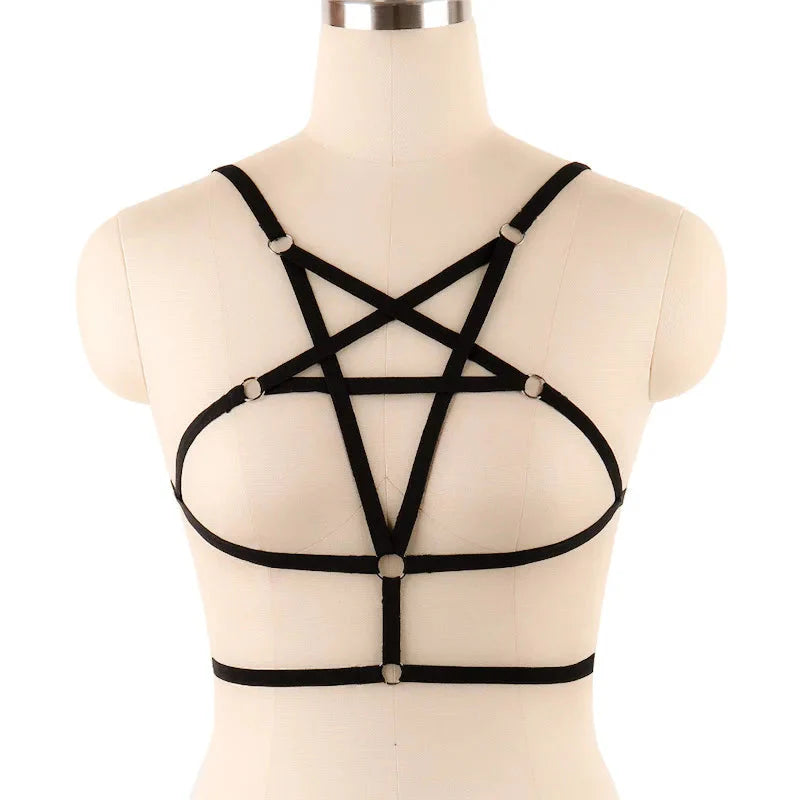 Seena Star Black Geometric Polyester Body Harness With Hollow Bralette
