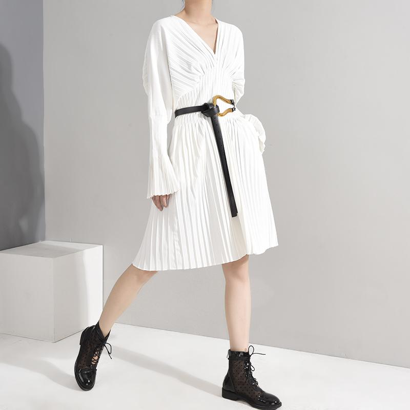 Sakiya Pleated Long Sleeve Shirt Dress White Belted