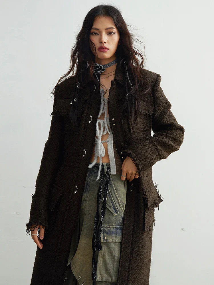 Cartrossi Frayed Pocket Coat Wool Blend Coffee Color